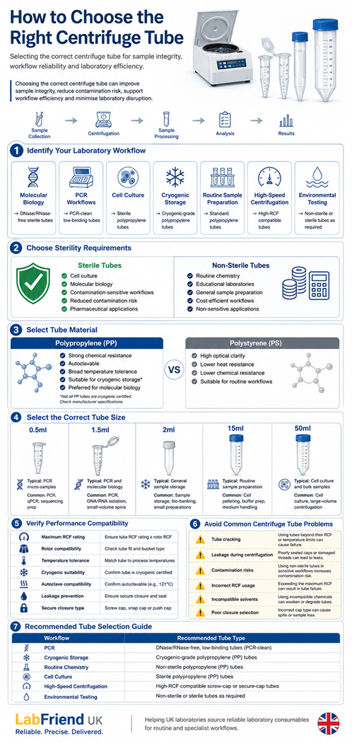 How to choose the right centrifuge tube infographic showing laboratory workflow selection, sterile vs non-sterile comparison, polypropylene vs polystyrene materials, tube size guide, cryogenic compatibility and centrifuge tube application recommendations for UK laboratories.